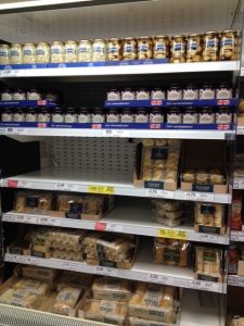 Pies & Sausage rolls share space with Ambient Pickled Onions & Beetroot.