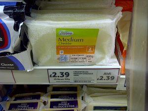 Creamfields Cheddar, for a time, the Aldi price was also flagged versus Tesco.