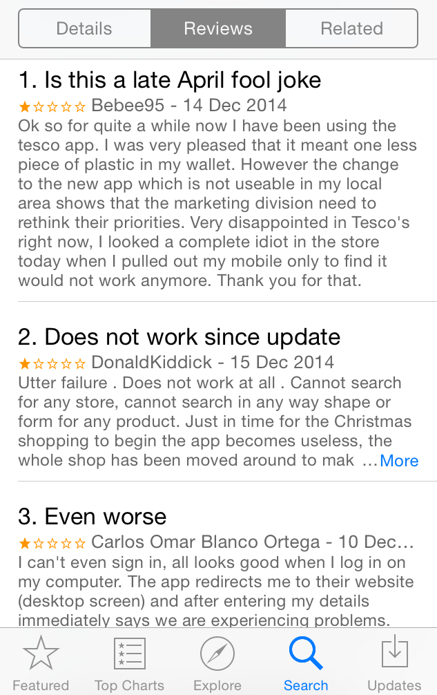 Reviews for the latest version of the Clubcard app are not favourable.