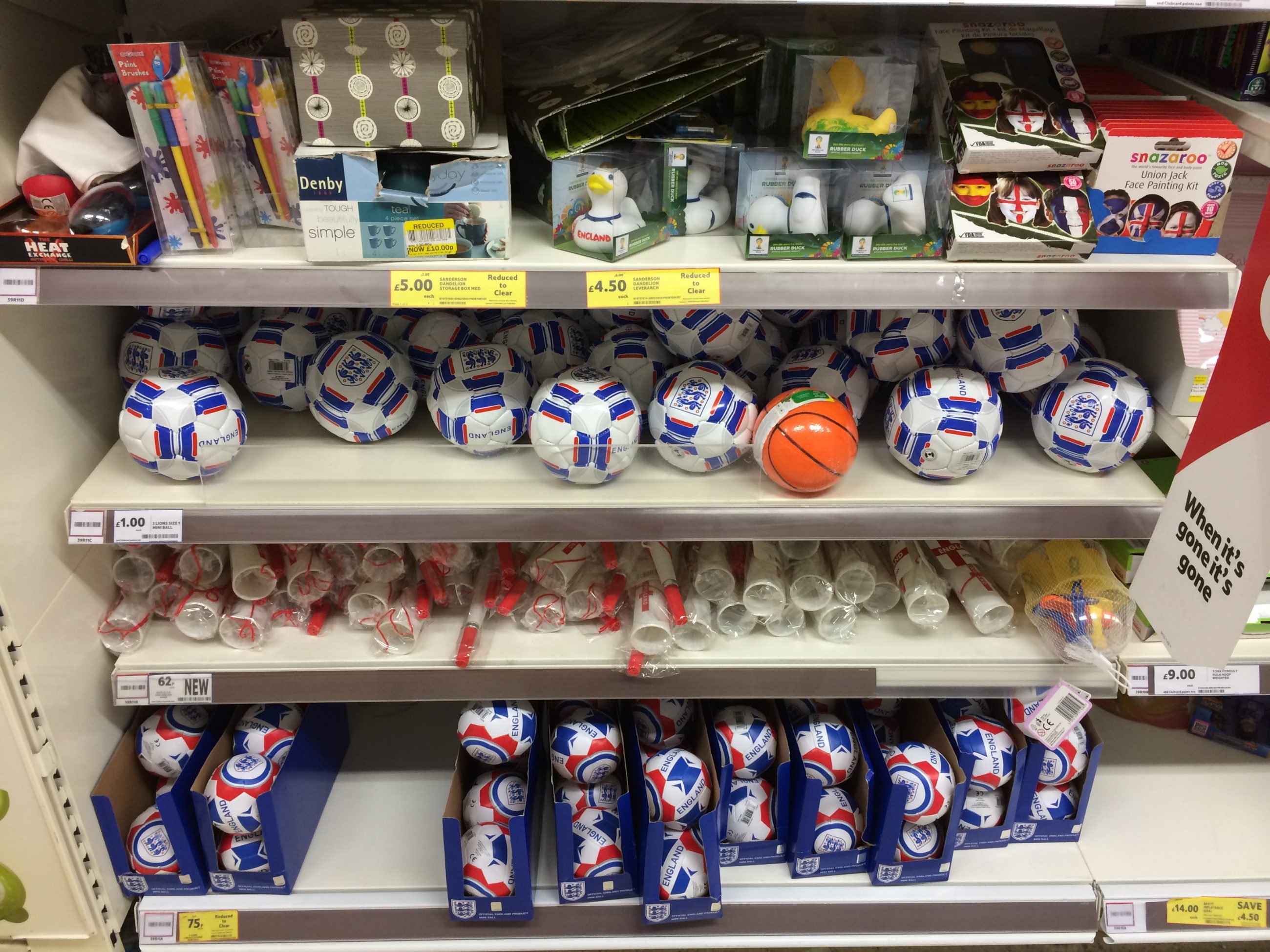 England world cup products, lots of them. Why? We exited weeks ago.
